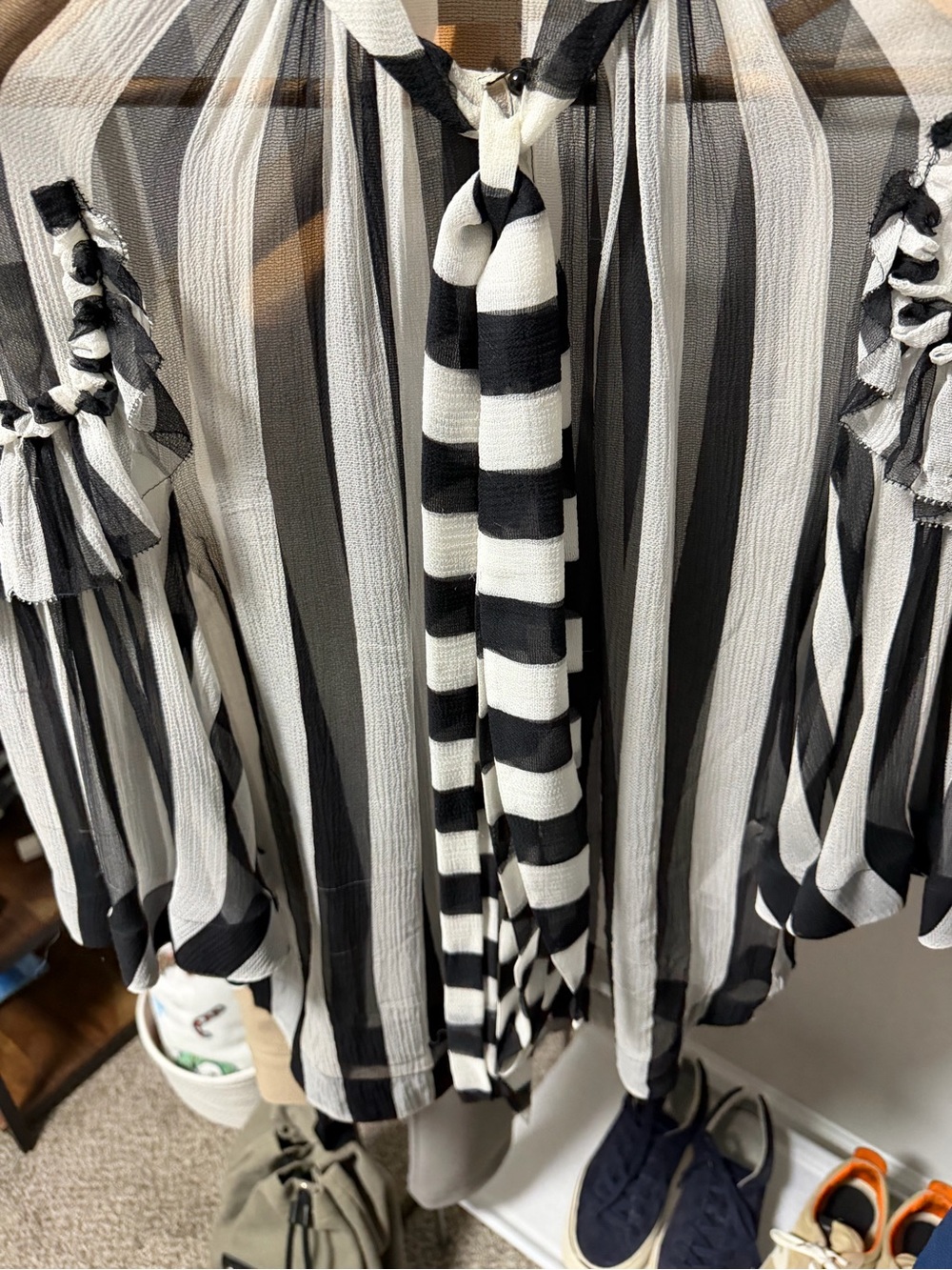 Givenchy Striped Tie-Neck Chiffon Blouse - Black & White - Picture 3 of 8
